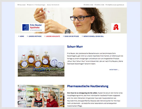 Konzeption und Webdesign für die Fritz Reuter-Apotheke, seidel. agentur für kommunikationsdesign, c-co, Uta Tietze